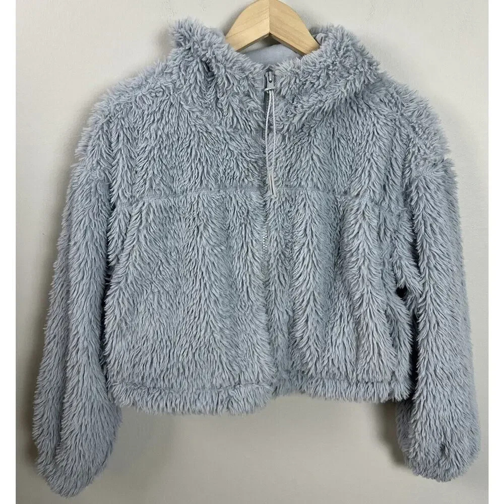 Urban Outfitters BDG Hooded Cropped Teddy Hoodie Blue Cotton Blend Women’s